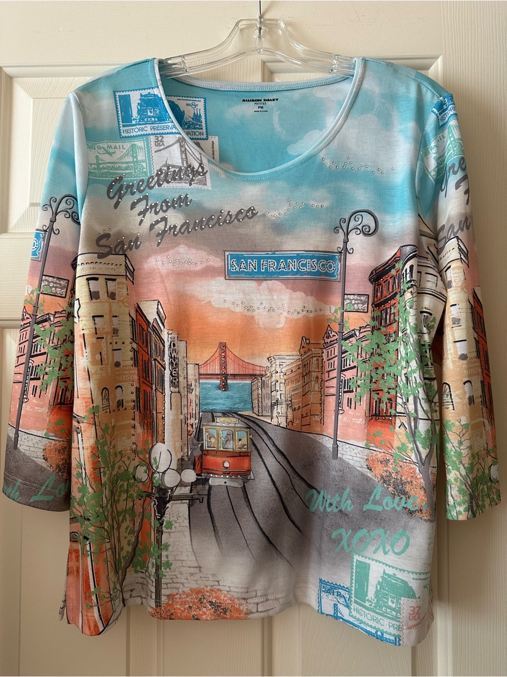 NWT Allison Daley Scenic San Francisco Print Top in Sky Blue, Coral, Mint- PM